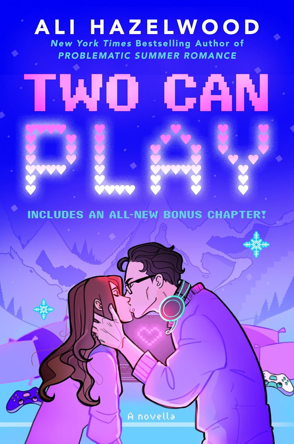 Book cover of 'Two Can Play' by Ali Hazelwood with a couple embracing and text about a bonus chapter.